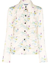 Ganni - Floral-print Crinkle-effect Long-sleeve Shirt - Lyst