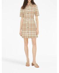 slim fit dress slacks Burberry Wool Logo Nova Check Pleated Mini Dress Beige