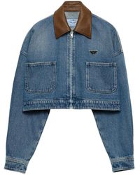 Prada - Veste En Jean À Col En Cuir - Lyst