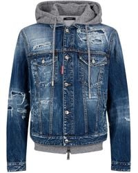 DSquared² - Distressed Denim Jacket With Hood And Ribbed Cuffs - Lyst