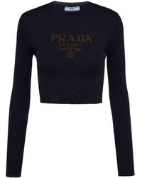 Prada - Logo-intarsia Cropped Silk Jumper - Lyst