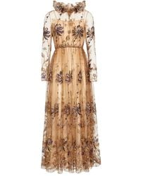 Giambattista Valli - Midi-Jurk Met Geborduurde Bloemen En Tulen Ruches - Lyst