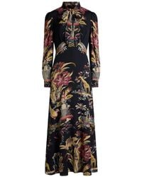 Etro - Long Dress With Silk Scarf And Placed Flower And Animal Print - Lyst