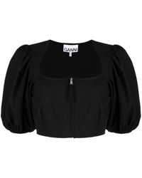 Ganni - Cropped Puff-sleeve Blouse - Lyst