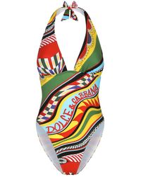 Dolce & Gabbana - Carretto-print Halterneck Swimsuit - Lyst