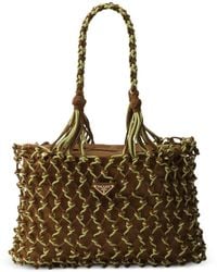 Prada - Borsa Tote Macramé Grande Con Placca Logo - Lyst