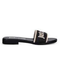 Just Cavalli - Logo-Embroidered Raffia-Effect Flat Sandals - Lyst