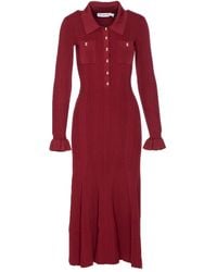 Self-Portrait - Burgundy Ribbed Knit Midi Dress With Ruffled Cuffs - Lyst