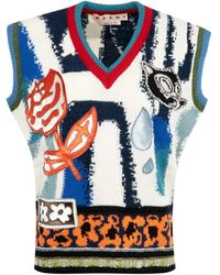 Marni - Trui Met Bloemenpatch En V-Hals - Lyst