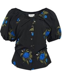 Caroline Hu - Embroidered-Rose Puff-Sleeve Top - Lyst