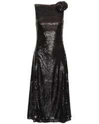 ROTATE BIRGER CHRISTENSEN - Sequined Midi Flared Dress With Decorative Flower Appliqué - Lyst