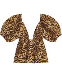 Ganni - Ausgestellte Bio-Baumwoll-Bluse mit Tiger-Print - Lyst