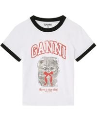 Ganni - Graphic T-Shirt With Round Neckline And Short Sleeves - Lyst