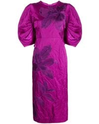 Erdem - Floral-embroidered Puff-sleeve Midi Dress - Lyst