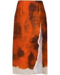 Prada - Printed Satin Midi Skirt With Slit - Lyst