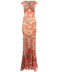 Etro - Long Tulle Dress With Open Shoulders And Floral Motif - Lyst