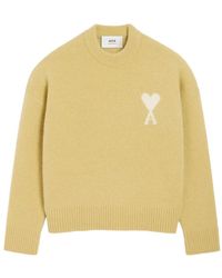 Ami Paris - Pull Jaune Col Rond Ami De Coeur En Alpaga Anis & Ecru - Lyst