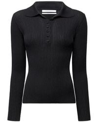 Another Tomorrow - Ribbed-Knit Polo Top - Lyst