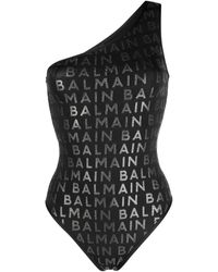 Balmain - Costume intero monospalla con stampa - Lyst