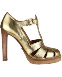 Ralph Lauren - Kayda Metallic Buckle T-Strap Heeled Sandals - Lyst