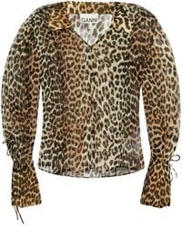 Ganni - Animal-Print Long-Sleeve Blouse - Lyst