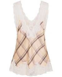 Rabanne - Tartan Print Silk Tank Top With Lace Detailing - Lyst