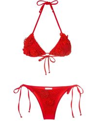 Amir Slama Bikini con cuello halter y encaje floral - Rojo