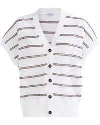 Brunello Cucinelli - Linen And Cotton Cardigan With Dazzling Double Stripes - Lyst
