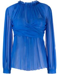 Alberta Ferretti - Ruched Sheer Ruffle-Neck Blouse - Lyst