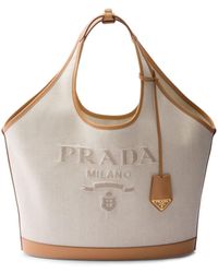 Prada - Logo-embossed Large Linen And Leather Tote Bag - Lyst