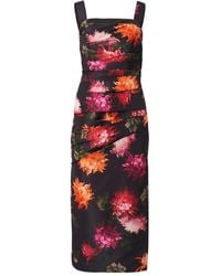 Carolina Herrera - Gathered Floral Square-Neck Midi Dress - Lyst