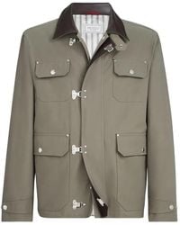 Brunello Cucinelli - Water-Resistant Techno Cotton Gabardine Outerwear Jacket With Leather Inserts And Hook Fastening - Lyst