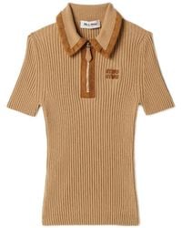 Miu Miu - Cashmere-Blend Suede-Trim Ribbed Polo Shirt - Lyst