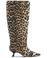 Ganni - Leopard-Print Satin Knee-Length Boots - Lyst