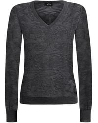 Etro - Wool Jacquard Sweater With V-Neck And Placed Motif - Lyst
