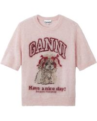 Ganni - Graphic-Print Short-Sleeve Sweater - Lyst