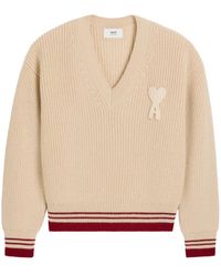 Ami Paris - Beigefarbener Gerippter Pullover Mit V-Ausschnitt Aus Wolle - Lyst