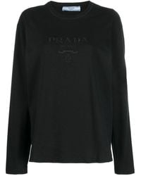 Prada - Logo-embroidered Long-sleeve Cotton T-shirt - Lyst