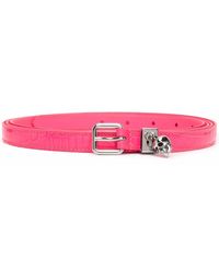 McQueen - Cintura In Pelle Goffrata Coccodrillo Rosa Fluo Con Teschio E Pave' - Lyst