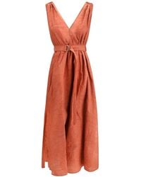 Brunello Cucinelli - V-Neck Belted Midi Dress - Lyst
