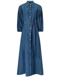 Pinko - Shirred Belted Denim Dress - Lyst