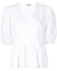 Ganni - Wrap Poplin Blouse Bright White 151 - Lyst