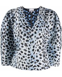 Ganni - Leopard-Print Puff-Sleeve Top - Lyst