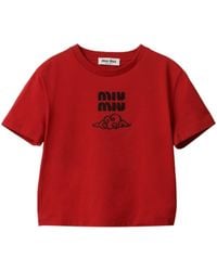 Miu Miu - T-Shirt mit Logo-Stickerei - Lyst