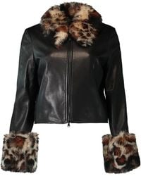 Susan Bender - Leopard-Trim Leather Jacket - Lyst