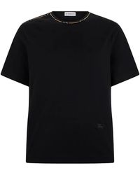 Burberry - Check-Trim Logo-Embroidered T-Shirt - Lyst