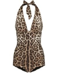 Dolce & Gabbana - Leopard-Print One-Piece Swimsuit With Plunging Neckline - Lyst