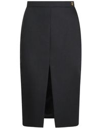 Elisabetta Franchi - Logo-Plaque Front-Slit Wool Midi Skirt - Lyst
