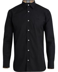 Burberry Camisa de popelina con cuello y puños a cuadros - Negro