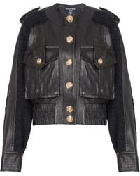 Balmain - ツイードパネル レザー ボンバージャケット - Lyst